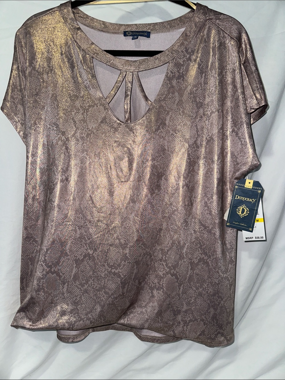 Democracy Metallic Taupe Snakeskin-Print Short Sleeve Top